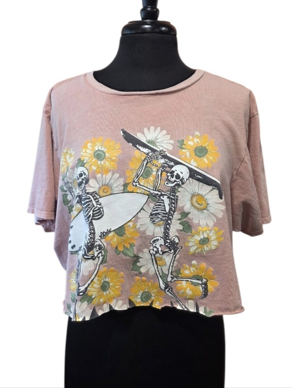 Cropped Distressed O'Neill Peach Graphic Crop Tee Sunflower Skeletons Beach Babe